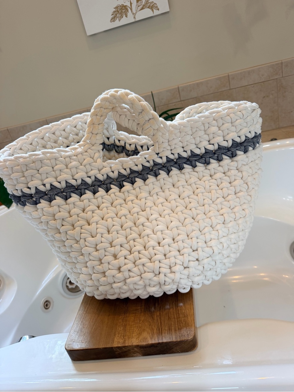 White Crochet Tote basket with gray Accent